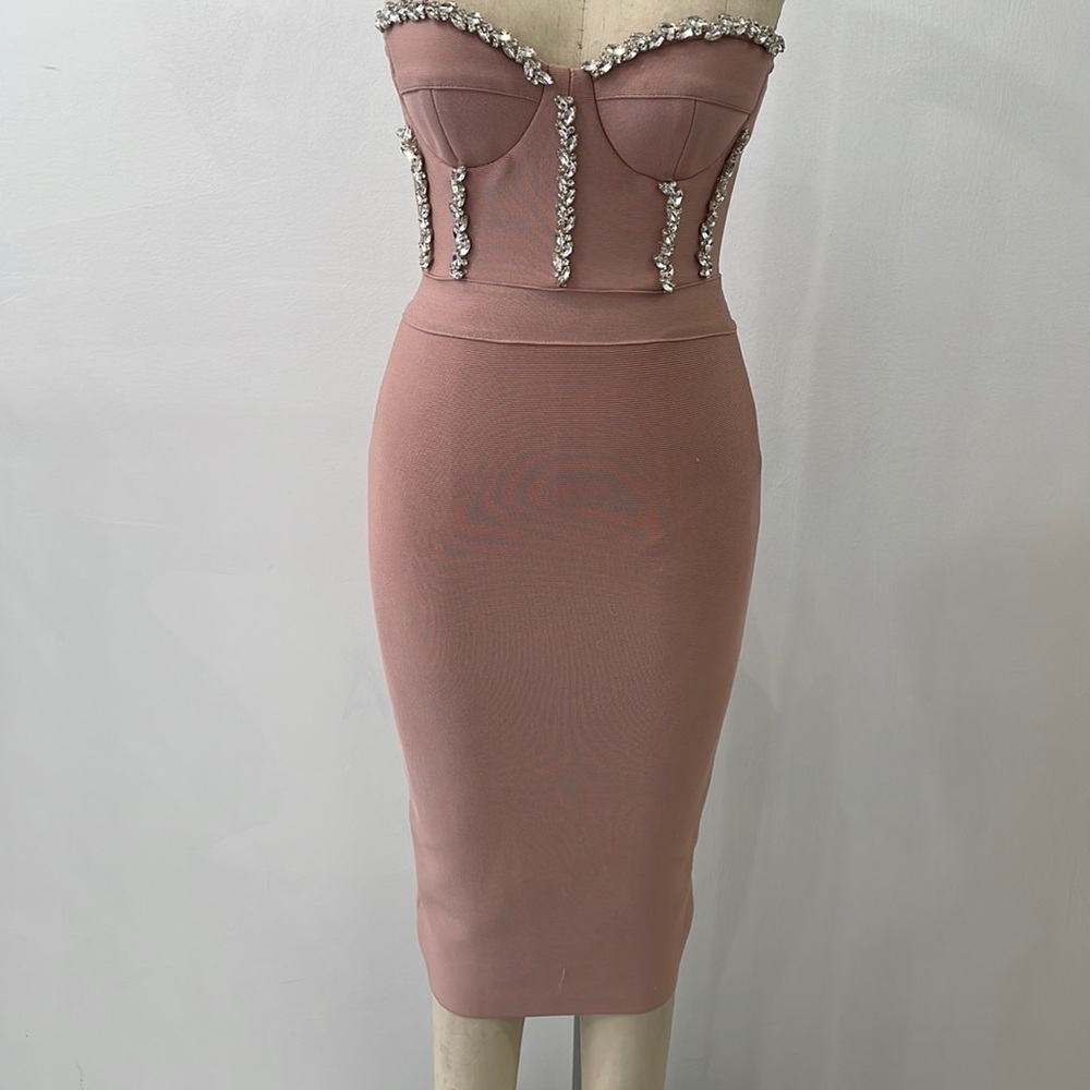 SOLD….Hand Beaded Strapless Bandage Dress
